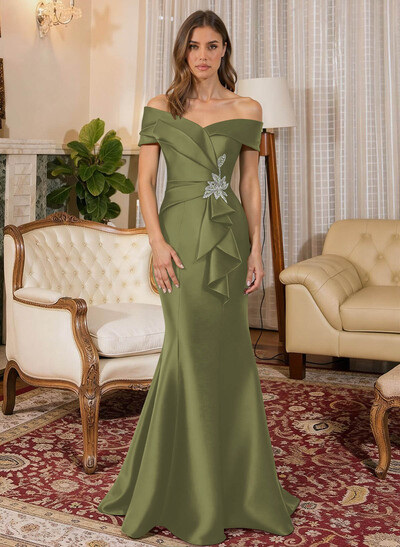 Trumpet Mermaid Off-The-Shoulder Sleeveless Sweep Train Satin Evening Dresses With Cascading Ruffles Rhinestone