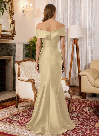 Trumpet Mermaid Off-The-Shoulder Sleeveless Sweep Train Satin Evening Dresses With Cascading Ruffles Rhinestone