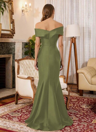 Trumpet Mermaid Off-The-Shoulder Sleeveless Sweep Train Satin Evening Dresses With Cascading Ruffles Rhinestone