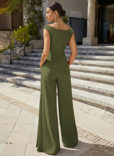 Jumpsuit Pantsuit V-Neck Sleeveless Floor-Length Elastic Satin Evening Dresses With Sweeping Side Drape