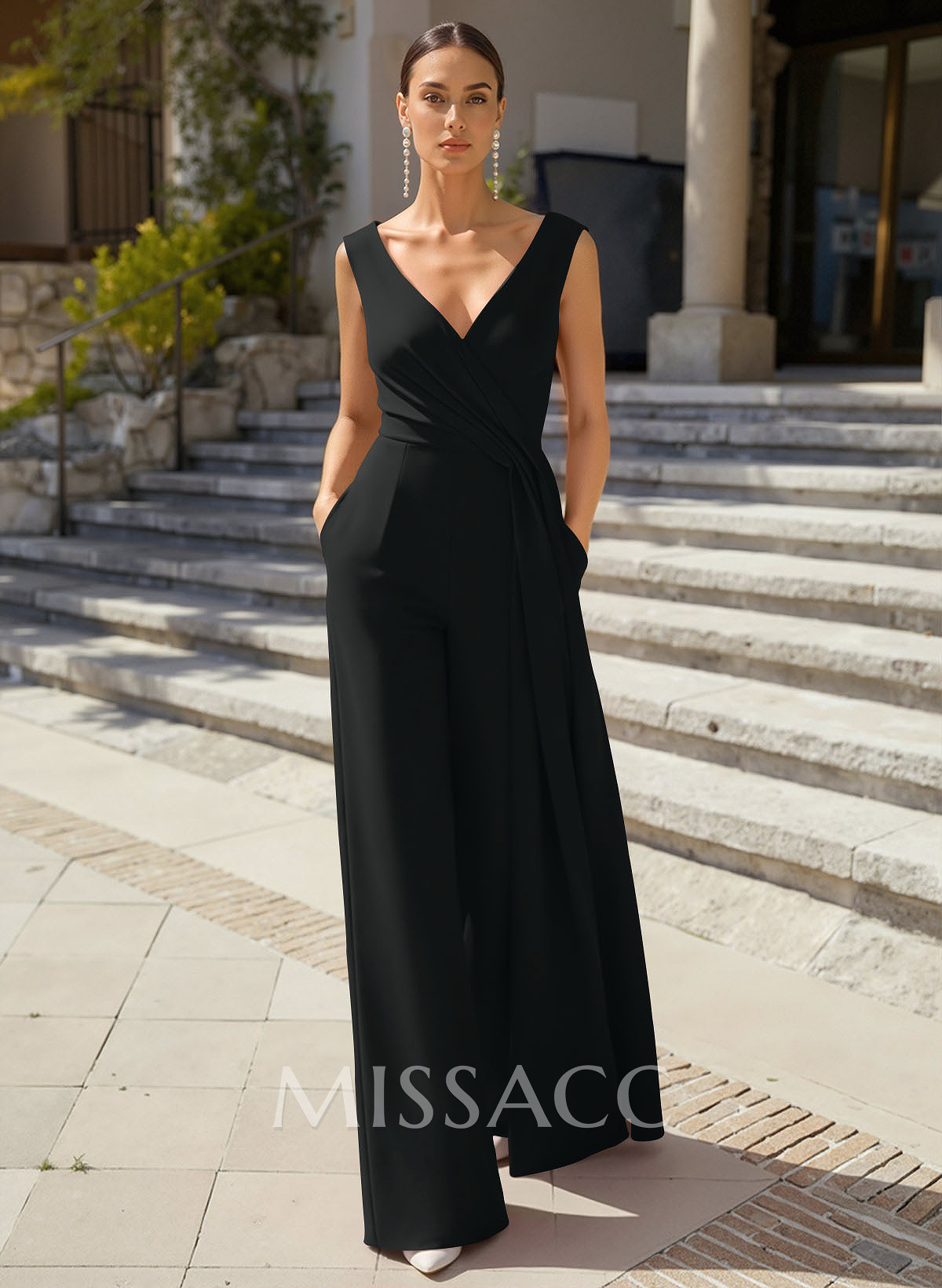 Jumpsuit Pantsuit V-Neck Sleeveless Floor-Length Elastic Satin Evening Dresses With Sweeping Side Drape