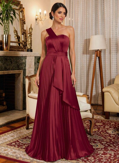 A-Line One-Shoulder Sleeveless Floor-Length Satin Evening Dresses With Ruffle
