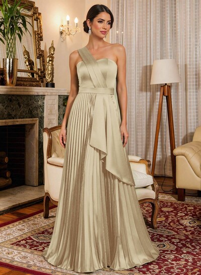 A-Line One-Shoulder Sleeveless Floor-Length Satin Evening Dresses With Ruffle
