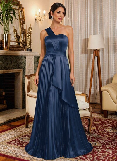 A-Line One-Shoulder Sleeveless Floor-Length Satin Evening Dresses With Ruffle