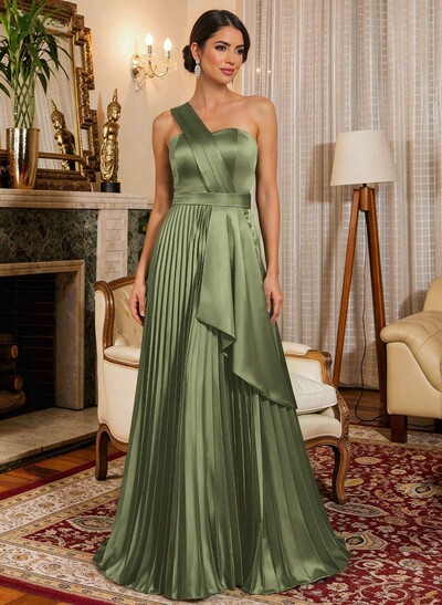 A-Line One-Shoulder Sleeveless Floor-Length Satin Evening Dresses With Ruffle