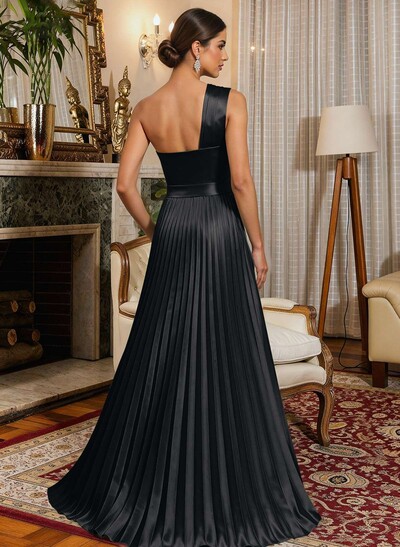 A-Line One-Shoulder Sleeveless Floor-Length Satin Evening Dresses With Ruffle