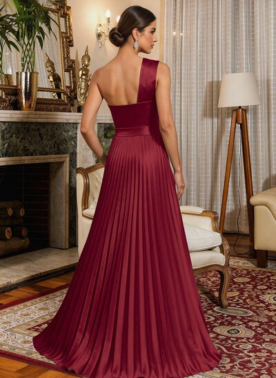 A-Line One-Shoulder Sleeveless Floor-Length Satin Evening Dresses With Ruffle
