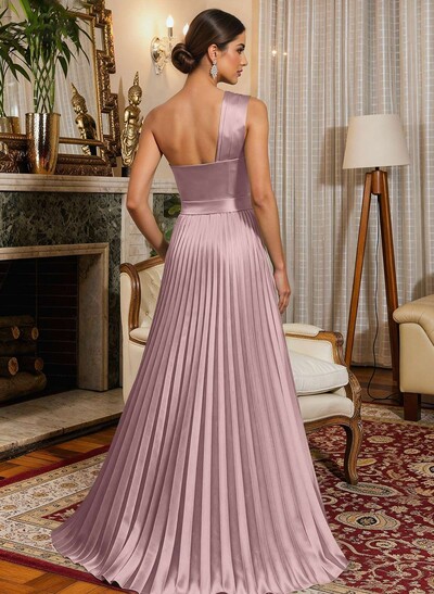 A-Line One-Shoulder Sleeveless Floor-Length Satin Evening Dresses With Ruffle