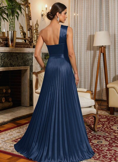 A-Line One-Shoulder Sleeveless Floor-Length Satin Evening Dresses With Ruffle