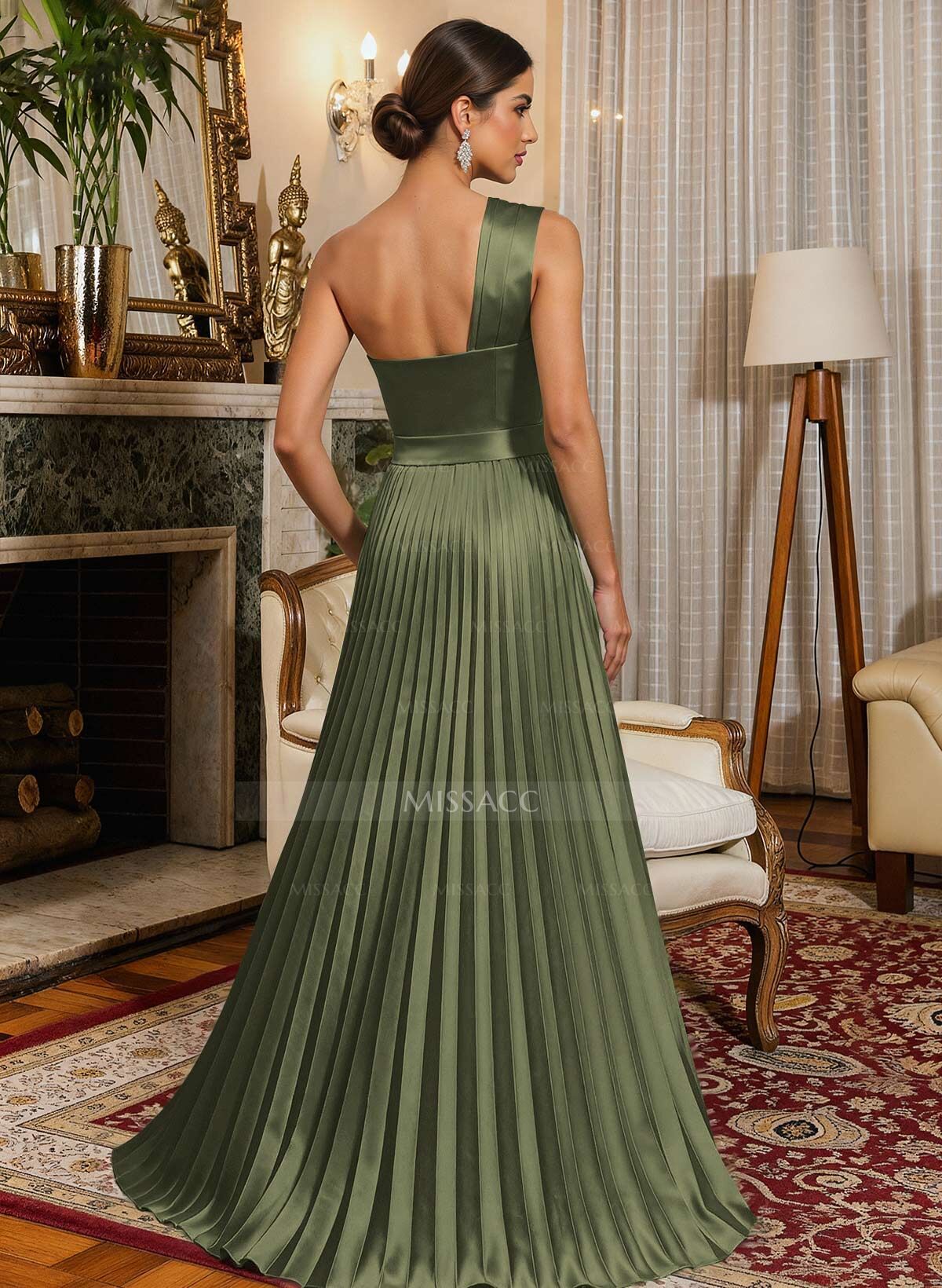 A-Line One-Shoulder Sleeveless Floor-Length Satin Evening Dresses With Ruffle