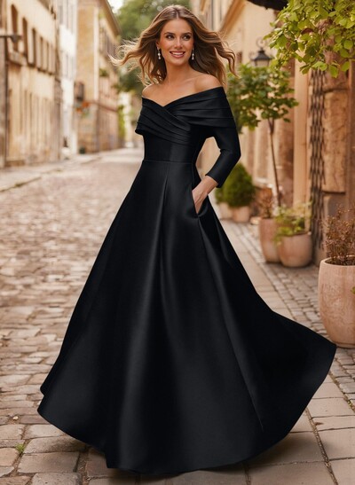 A-Line Off-The-Shoulder Long Sleeves Floor-Length Satin Evening Dresses With Shoulder Ruffle