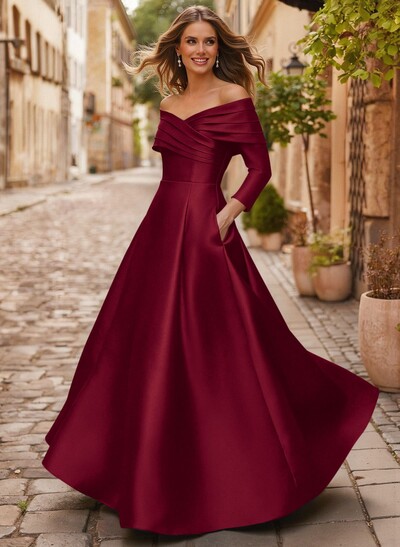 A-Line Off-The-Shoulder Long Sleeves Floor-Length Satin Evening Dresses With Shoulder Ruffle