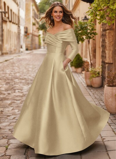 A-Line Off-The-Shoulder Long Sleeves Floor-Length Satin Evening Dresses With Shoulder Ruffle