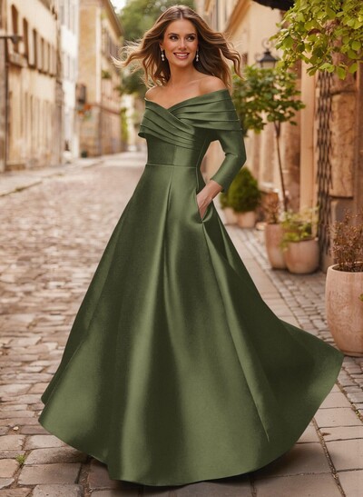 A-Line Off-The-Shoulder Long Sleeves Floor-Length Satin Evening Dresses With Shoulder Ruffle