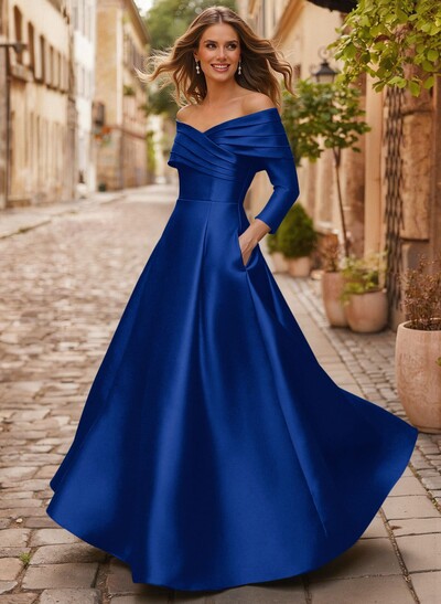 A-Line Off-The-Shoulder Long Sleeves Floor-Length Satin Evening Dresses With Shoulder Ruffle