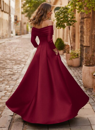 A-Line Off-The-Shoulder Long Sleeves Floor-Length Satin Evening Dresses With Shoulder Ruffle