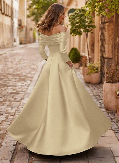 A-Line Off-The-Shoulder Long Sleeves Floor-Length Satin Evening Dresses With Shoulder Ruffle