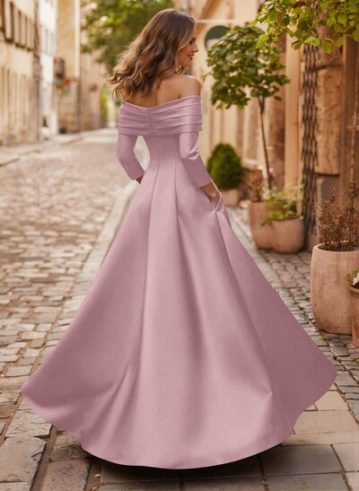 A-Line Off-The-Shoulder Long Sleeves Floor-Length Satin Evening Dresses With Shoulder Ruffle