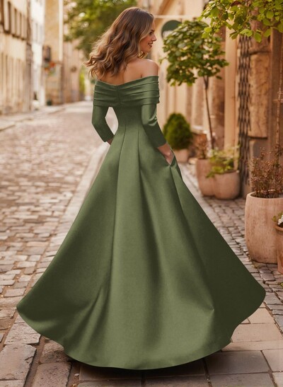 A-Line Off-The-Shoulder Long Sleeves Floor-Length Satin Evening Dresses With Shoulder Ruffle