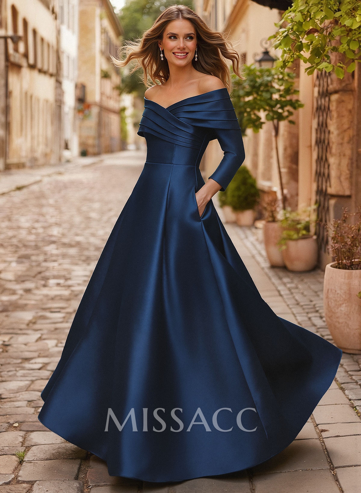A-Line Off-The-Shoulder Long Sleeves Floor-Length Satin Evening Dresses With Shoulder Ruffle