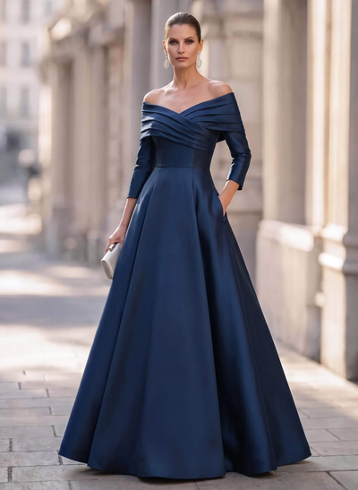 A-Line Off-The-Shoulder Long Sleeves Floor-Length Satin Evening Dresses With Shoulder Ruffle