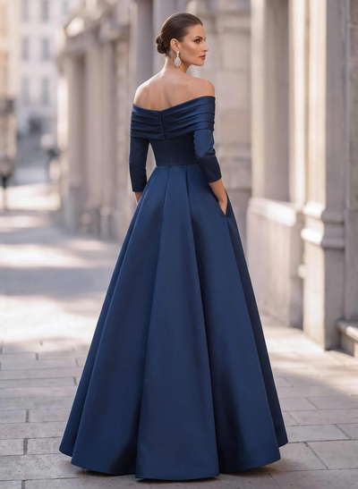 A-Line Off-The-Shoulder Long Sleeves Floor-Length Satin Evening Dresses With Shoulder Ruffle