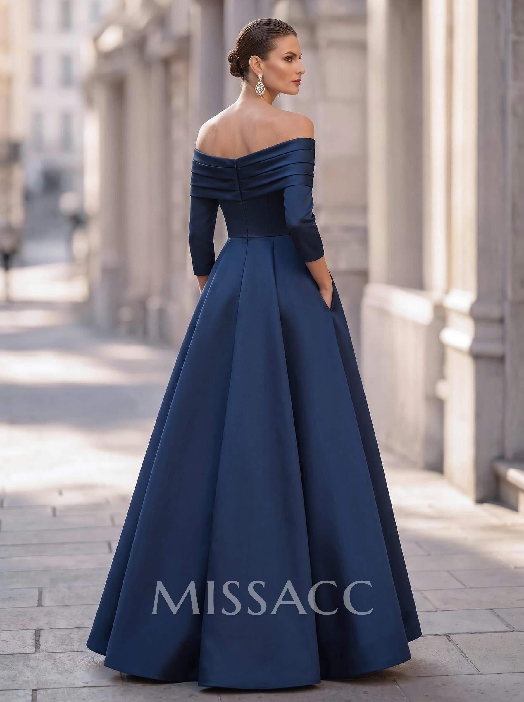 A-Line Off-The-Shoulder Long Sleeves Floor-Length Satin Evening Dresses With Shoulder Ruffle