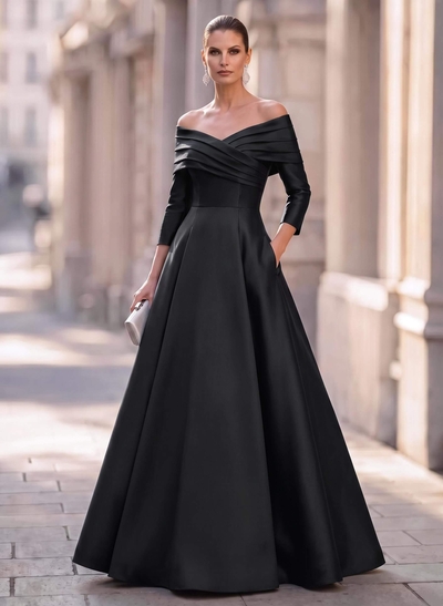 A-Line Off-The-Shoulder Long Sleeves Floor-Length Satin Evening Dresses With Shoulder Ruffle
