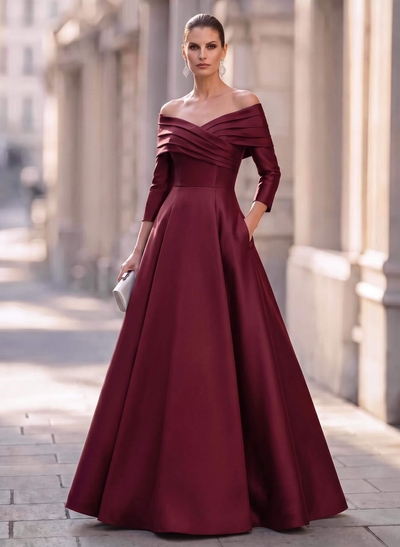 A-Line Off-The-Shoulder Long Sleeves Floor-Length Satin Evening Dresses With Shoulder Ruffle