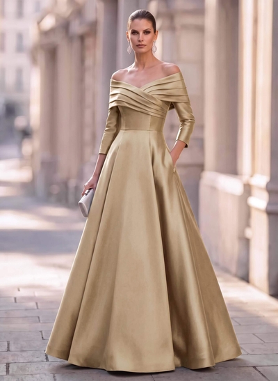 A-Line Off-The-Shoulder Long Sleeves Floor-Length Satin Evening Dresses With Shoulder Ruffle