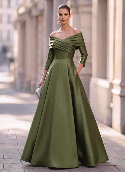 A-Line Off-The-Shoulder Long Sleeves Floor-Length Satin Evening Dresses With Shoulder Ruffle