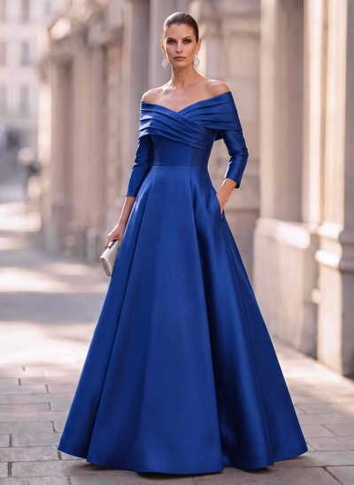A-Line Off-The-Shoulder Long Sleeves Floor-Length Satin Evening Dresses With Shoulder Ruffle