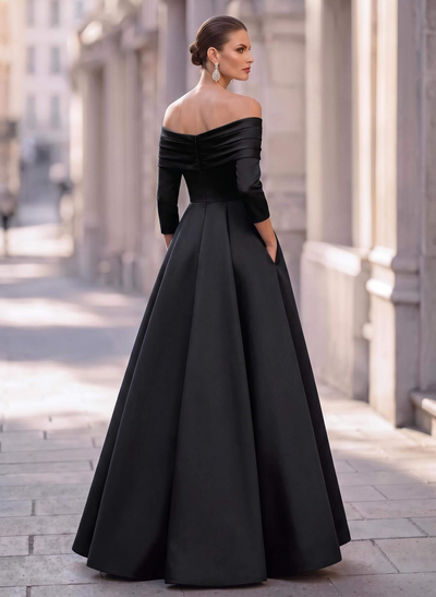 A-Line Off-The-Shoulder Long Sleeves Floor-Length Satin Evening Dresses With Shoulder Ruffle