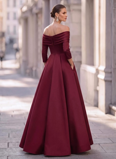 A-Line Off-The-Shoulder Long Sleeves Floor-Length Satin Evening Dresses With Shoulder Ruffle
