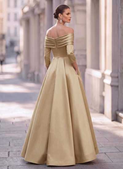 A-Line Off-The-Shoulder Long Sleeves Floor-Length Satin Evening Dresses With Shoulder Ruffle