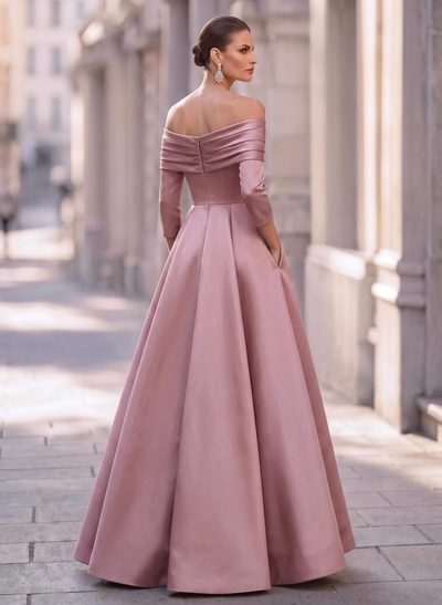 A-Line Off-The-Shoulder Long Sleeves Floor-Length Satin Evening Dresses With Shoulder Ruffle