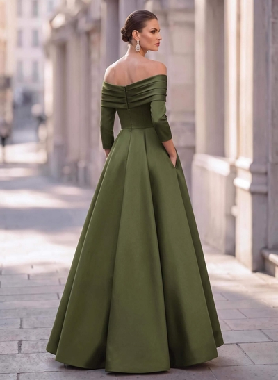 A-Line Off-The-Shoulder Long Sleeves Floor-Length Satin Evening Dresses With Shoulder Ruffle