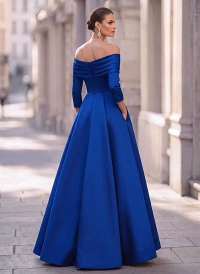 A-Line Off-The-Shoulder Long Sleeves Floor-Length Satin Evening Dresses With Shoulder Ruffle