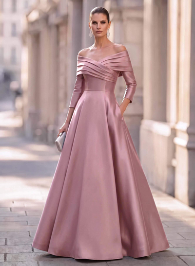 A-Line Off-The-Shoulder Long Sleeves Floor-Length Satin Evening Dresses With Shoulder Ruffle