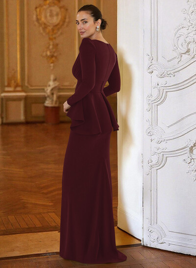 Sheath Column Plunge Neck Long Sleeves Floor-Length Elastic Satin Evening Dresses With Cascading Ruffles