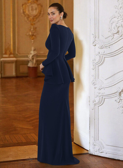 Sheath Column Plunge Neck Long Sleeves Floor-Length Elastic Satin Evening Dresses With Cascading Ruffles