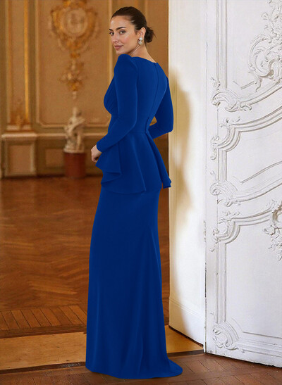Sheath Column Plunge Neck Long Sleeves Floor-Length Elastic Satin Evening Dresses With Cascading Ruffles