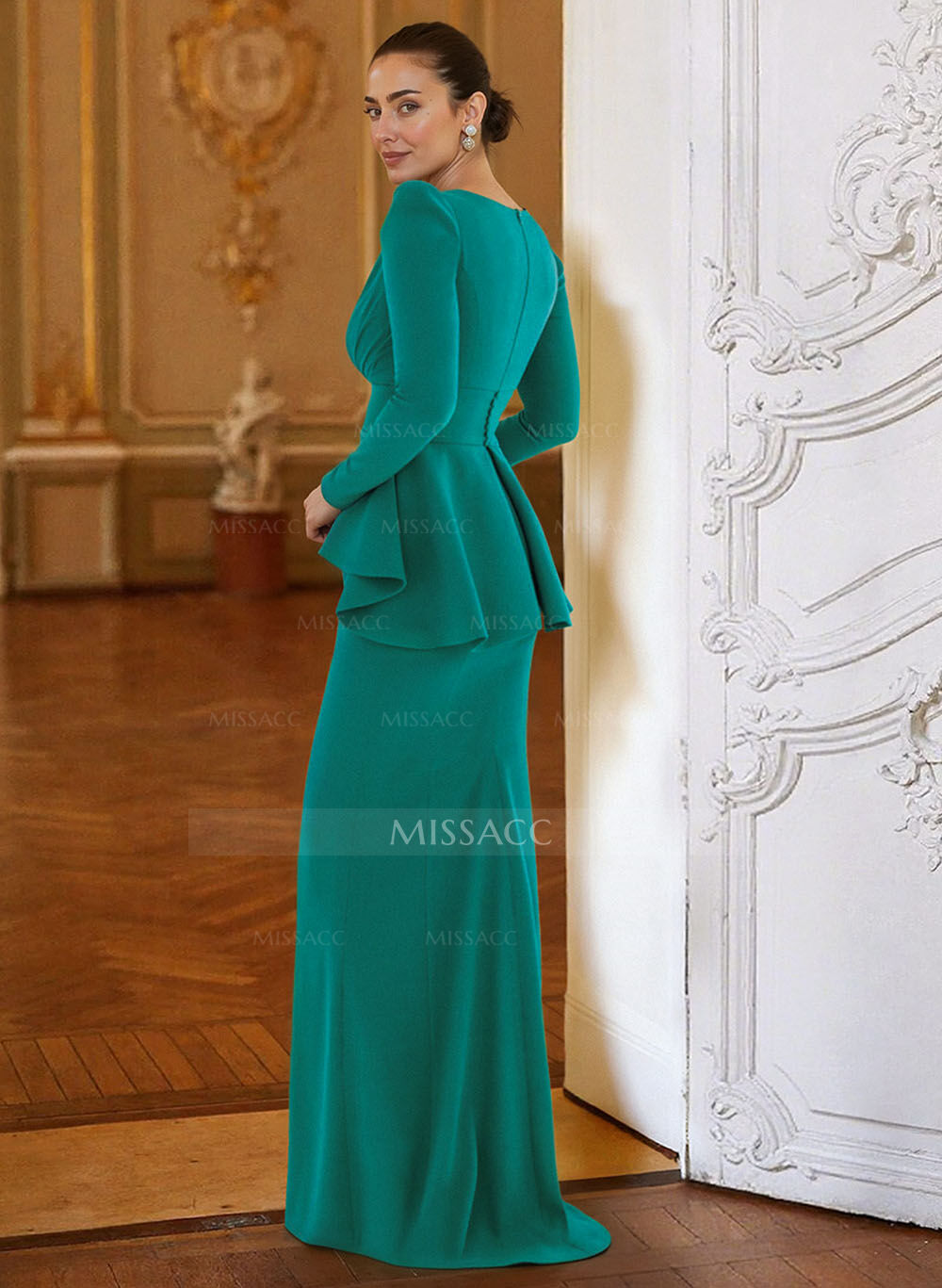 Sheath Column Plunge Neck Long Sleeves Floor-Length Elastic Satin Evening Dresses With Cascading Ruffles