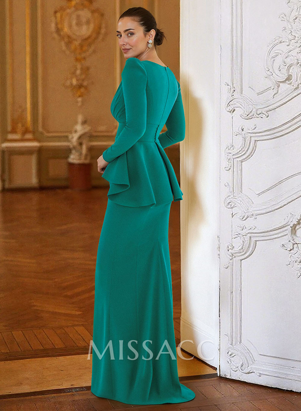 Sheath Column Plunge Neck Long Sleeves Floor-Length Elastic Satin Evening Dresses With Cascading Ruffles Sheath Column Plunge Neck Long Sleeves Floor-Length Elastic Satin Evening Dresses With Cascading Ruffles