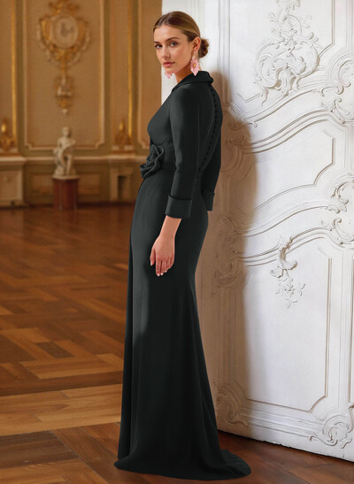 Sheath Column V-Neck 3/4 Sleeves Floor-Length Elastic Satin Evening Dresses With Pleated Flower(s)