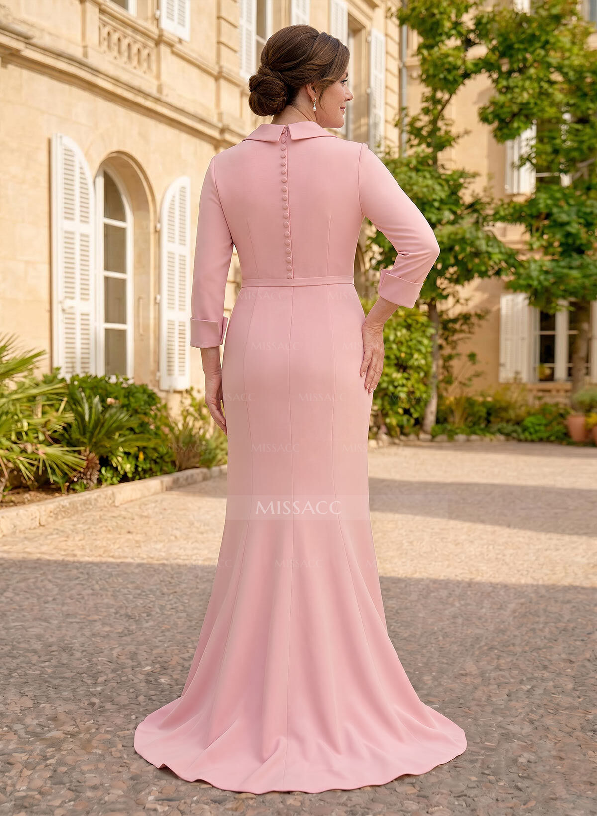 Sheath Column V-Neck 3/4 Sleeves Floor-Length Elastic Satin Evening Dresses With Pleated Flower(s)