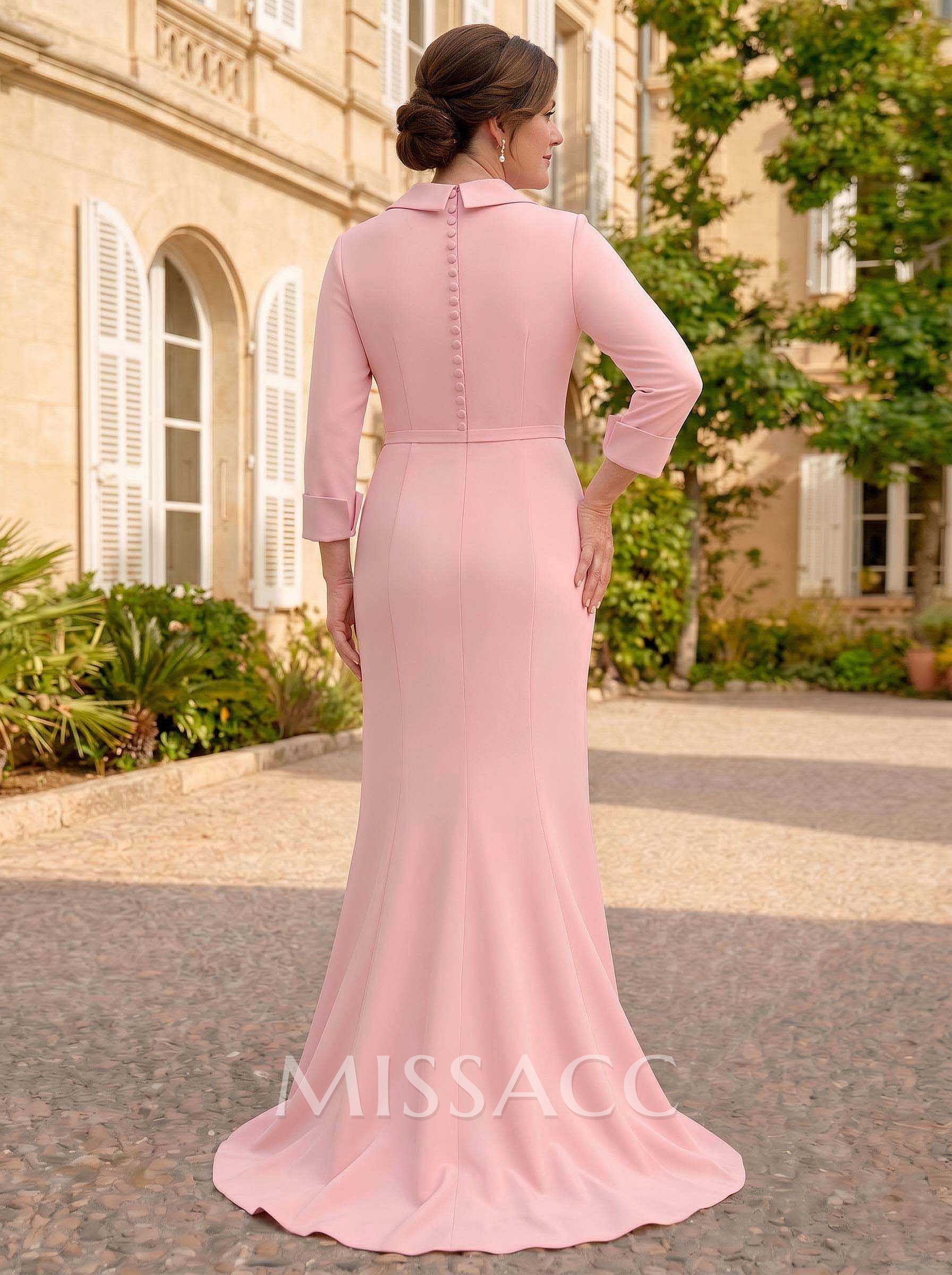 Sheath/Column V-Neck 3/4 Sleeves Sweep Train Elastic Satin Evening Dresses With Pleated/Flower