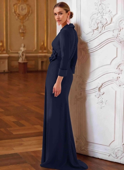 Sheath/Column V-Neck 3/4 Sleeves Sweep Train Elastic Satin Evening Dresses With Pleated/Flower
