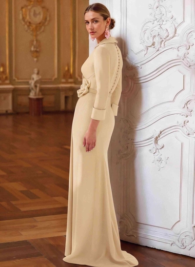 Sheath/Column V-Neck 3/4 Sleeves Sweep Train Elastic Satin Evening Dresses With Pleated/Flower