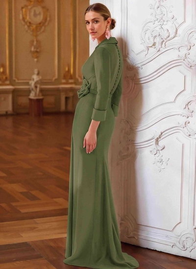 Sheath/Column V-Neck 3/4 Sleeves Sweep Train Elastic Satin Evening Dresses With Pleated/Flower